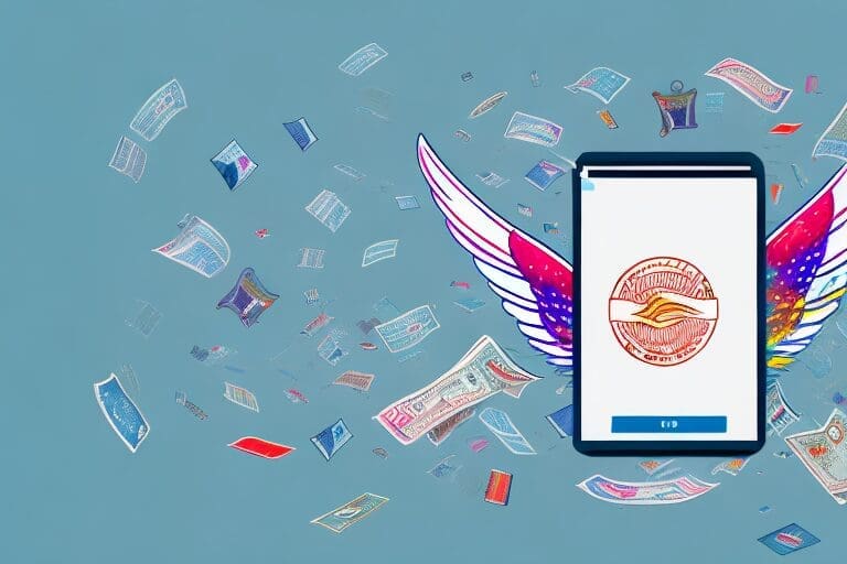 A wallet with wings flying away from a computer screen displaying various colorful ads