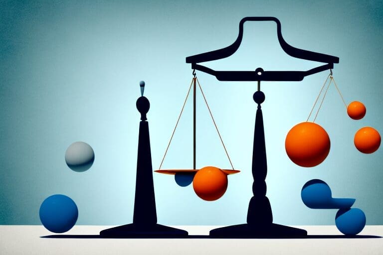 A balanced scale with various objects representing risks on one side and benefits on the other