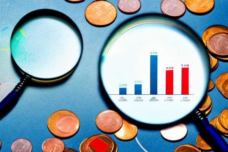 A magnifying glass hovering over a stack of financial documents and charts