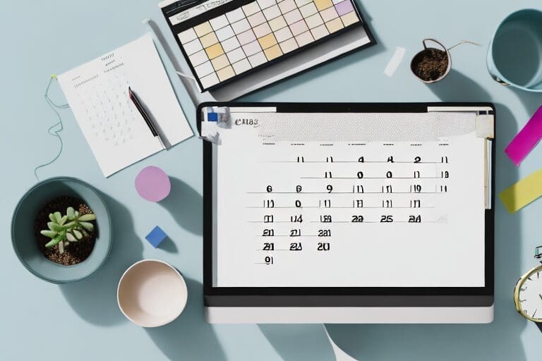 An organized desk featuring a colorful calendar filled with tasks